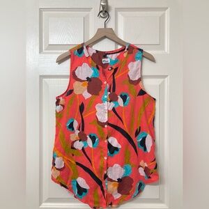 Sigrid Olsen 100% Linen Orange Floral Sleeveless Top Medium Tropical Boho Summer